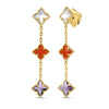 Yellow gold dangle earrings with mixed colored stones flower stations on a white background