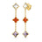 Yellow gold dangle earrings with mixed colored stones flower stations on a white background