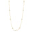 Yellow gold long necklace with mother of pearl flower stations on a white background