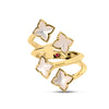 Front view of yellow gold four flower mother of pearl ring on a white background