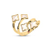 Front view of yellow gold four flower mother of pearl ring on a white background
