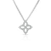The DIAMOND PRINCESS OUTLINE SMALL FLOWER NECKLACE by Roberto Coin features a four-petal diamond pendant on an 18K white gold chain, offering timeless elegance to any jewelry collection.