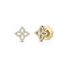Small sized yellow gold flower earrings with diamonds on a white background