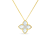 Gold necklace with a flower-shaped mother of pearl and diamond pendant on a white background
