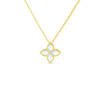 The VENETIAN PRINCESS DIAMOND AND MOTHER OF PEARL MEDIUM FLOWER NECKLACE by Roberto Coin features a floral 18K gold pendant with four white mother of pearl petals outlined by diamonds, set on a plain white background.