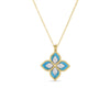 The VENETIAN PRINCESS DIAMOND AND TURQUOISE FLOWER NECKLACE by Roberto Coin features a gold chain with a four-petal flower pendant adorned with turquoise stones, enamel petals outlined in 18K gold, and diamond accents at each petal’s center.