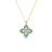 The VENETIAN PRINCESS DIAMOND AND TURQUOISE FLOWER NECKLACE by Roberto Coin features a gold chain with a four-petal flower pendant adorned with turquoise stones, enamel petals outlined in 18K gold, and diamond accents at each petal’s center.