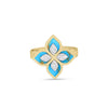 The VENETIAN PRINCESS DIAMOND AND TURQUOISE FLOWER RING by Roberto Coin features a flower design with four turquoise petals, diamond accents at the center, and an 18K gold band with a textured rope-like pattern for elegance.