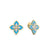 The VENETIAN PRINCESS DIAMOND AND TURQUOISE FLOWER STUD EARRINGS by Roberto Coin feature four-petal flower motifs in 18K gold, turquoise blue enamel petals edged in gold, and sparkling white diamond centers. One earring's backing is visible.
