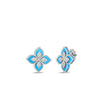 Roberto Coin VENETIAN PRINCESS Diamond and Turquoise Flower Stud Earrings featuring turquoise petals outlined in silver with diamond accents, displayed on a white background.