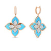 The VENETIAN PRINCESS DIAMOND AND TURQUOISE FLOWER EARRINGS by Roberto Coin feature blue turquoise petals, diamond centers, and 18K gold edges, elegantly displayed on a white background.