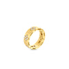 The Roberto Coin LOVE IN VERONA MEDIUM WIDTH DIAMOND ACCENT RING in 18K gold showcases diamond-studded floral motifs and delicate diamond accents, beautifully displayed against a plain white background.