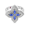 Roberto Coin Princess Flower Flower Ring in 18K White Gold, Blue Sapphire – Pavé Diamond, Blue Sapphire, Pink Sapphire (front view)