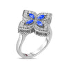 Roberto Coin Princess Flower Flower Ring in 18K White Gold, Blue Sapphire – Pavé Diamond, Blue Sapphire, Pink Sapphire (angled view)