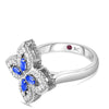 Roberto Coin Princess Flower Flower Ring in 18K White Gold, Blue Sapphire – Pavé Diamond, Blue Sapphire, Pink Sapphire (angled view)