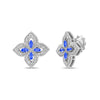 Roberto Coin Princess Flower Stud Earrings in 18K White Gold, Blue Sapphire – Pavé Diamond, Blue Sapphire, Pink Sapphire (angled view)