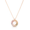 The LOVE IN VERONA RAINBOW MEDALLION NECKLACE by Roberto Coin features an 18K rose gold pendant with two concentric circles set with multicolored gemstones and diamonds, hanging from a delicate beaded chain.