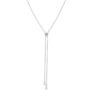 The LOVE IN VERONA DIAMOND FLOWER LARIAT NECKLACE by Roberto Coin is a delicate silver Y-shaped necklace with a central knot and dangling chains adorned with diamond flower motifs, adding minimalist elegance to any look.