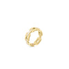 The NAVARRA HARD CHAIN LINK DIAMOND RING by Roberto Coin showcases a modern geometric design in 18K yellow gold with sparkling white diamonds, elegantly presented against a plain white background.