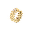 The Roberto Coin DOMINO DOUBLE DIAMOND ACCENT RING features a unique segmented gold design with vertical bars and round Domino pattern accents. Three bars are set with sparkling white diamonds, giving this modern piece a sculptural elegance.