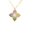 The Roberto Coin Venetian Princess Diamond and Mixed Sapphire Flower Long Necklace features an 18K yellow gold chain with a bold flower pendant adorned with colorful sapphires and diamonds.