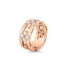 The LOVE IN VERONA DIAMOND OPEN FRAME RING by Roberto Coin is an elegant 18K gold band featuring clusters of marquise-cut diamonds in floral motifs and a geometric openwork design—perfect for any occasion.