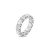 The Roberto Coin ART DECO MOSAIC ALTERNATING DIAMOND RING features a silver band with alternating smooth and diamond-studded rectangles, intricate edging, and is elegantly showcased on a white background.