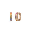 The PRINCESS MULTI SAPPHIRE SQUARE HOOP EARRINGS by Roberto Coin are shown: one earring's side view and the other's front, featuring textured 18K rose gold and a row of rainbow-gradient multi-colored sapphires.