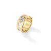 The LOVE IN VERONA DIAMOND AND MOTHER OF PEARL RING by Roberto Coin is a modern 18K yellow gold band with a floral design, white mother of pearl inlay, and four diamond accents. Shown on a white background.