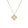 The Roberto Coin Venetian Princess Pave Diamond Small Flower Necklace in 18K yellow gold features a four-petal, open-center floral pendant with pavé-set diamonds, creating a sparkling and elegant design.