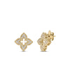 The Roberto Coin VENTIAN PRINCESS PAVE DIAMOND SMALL FLOWER STUD EARRINGS in 18K yellow gold feature four-petal floral shapes with pavé-set sparkling diamonds, elegantly displayed on a white background.
