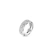 The Roberto Coin LOVE IN VERONA PAVE DIAMOND AND POLISHED FLOWER RING in silver, featuring a floral design with pavé diamonds, is displayed on a white background.