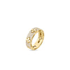 The LOVE IN VERONA PAVE DIAMOND AND POLISHED FLOWER RING by Roberto Coin is crafted in 18K gold, adorned with pavé diamonds and three polished gold flowers elegantly spaced around the band.