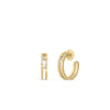 The NAVARRA OPEN BACK DIAMOND HOOP EARRINGS by Roberto Coin are crafted in 18K yellow gold with a split design and sparkling diamonds on the front. Shown from both the front and side against a white background.