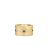 The Roberto Coin VENTIAN PRINCESS DIAMOND AND SATIN FINISH FLOWER RING is an 18K yellow gold band featuring engraved floral motifs, sparkling white diamonds, and a brushed satin finish for a subtle, elegant look.
