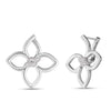 Pair of silver four-petal flower earrings with diamond accents at center and post backs.