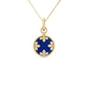 The VENETIAN MEDALLIONS MEDIUM PENDANT NECKLACE by Roberto Coin showcases a round deep blue pendant with diamond accents in a floral pattern, framed by textured 18K yellow gold and suspended from a delicate gold chain.