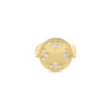 The VENETIAN MEDALLIONS MEDIUM REVERSIBLE RING by Roberto Coin is crafted in 18K yellow gold, showcasing a round, flat top with floral diamond accents and a twisted rope border.