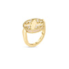 The VENETIAN MEDALLIONS MEDIUM REVERSIBLE RING by Roberto Coin in 18K yellow gold features an oval top with a raised cross, round diamonds, and a twisted rope border—echoing the iconic Venetian Medallions design.