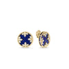 The VENETIAN MEDALLIONS MEDIUM STUD EARRINGS by Roberto Coin feature 18K yellow gold with deep blue centers, white floral patterns, and sparkling stones, shown on a plain white background.