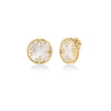 Roberto Coin VENETIAN MEDALLIONS MEDIUM STUD EARRINGS in 18K yellow gold feature iridescent mother-of-pearl centers, diamond clusters, and a textured gold border—elegant earrings shown on a white background.