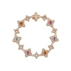 The VENETIAN PRINCESS CARNIVAL PAVE DIAMOND AND MIXED STONES ALTERNATING FLOWER BRACELET by Roberto Coin features alternating flower-shaped links adorned with pavé diamonds and multicolored pink, orange, blue, and purple gemstones.