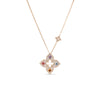 The Roberto Coin VENETIAN PRINCESS CARNIVAL PAVE DIAMOND AND MIXED STONES LARGE OPEN FLOWER LONG NECKLACE in 18K rose gold features a colorful gemstone and diamond flower pendant, plus a decorative clasp element, shown on a white background.