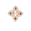 A gold ring by Roberto Coin, the VENETIAN PRINCESS CARNIVAL PAVE DIAMOND AND MIXED STONES LARGE OPEN FLOWER RING, features a four-petaled flower outlined in pavé diamonds with blue, purple, pink, and amber gemstones at its center.