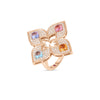 The VENETIAN PRINCESS CARNIVAL PAVE DIAMOND AND MIXED STONES LARGE OPEN FLOWER RING by Roberto Coin showcases a floral 18K rose gold design with colorful gemstones and pavé diamonds, blending intricate elegance with timeless charm.