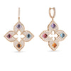 The VENETIAN PRINCESS CARNIVAL PAVE DIAMOND AND MIXED STONES LARGE OPEN FLOWER DROP EARRINGS by Roberto Coin feature 18K rose gold, pavé diamonds, and colorful pink, purple, blue, and orange gemstones in a striking four-petal floral design.