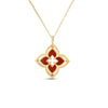 The VENETIAN PRINCESS PIROUETTE MEDIUM FLOWER NECKLACE by Roberto Coin features a gold chain and a quatrefoil flower pendant with red enamel and a white accent, all bordered in 18K yellow gold.