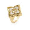 The VENETIAN PRINCESS PIROUETTE MEDIUM FLOWER RING by Roberto Coin features an 18K gold, square floral design with white enamel inlays and a layered, symmetrical flower motif.