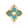 A gold and turquoise clover-shaped pendant with a symmetrical, layered design and reflective surface, echoing the elegance of Roberto Coin’s VENETIAN PRINCESS PIROUETTE MEDIUM FLOWER RING.