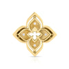 The VENETIAN PRINCESS PIROUETTE MEDIUM FLOWER RING by Roberto Coin features a layered 18K gold, four-petal floral design with six diamonds per petal, exuding elegance against a white background.